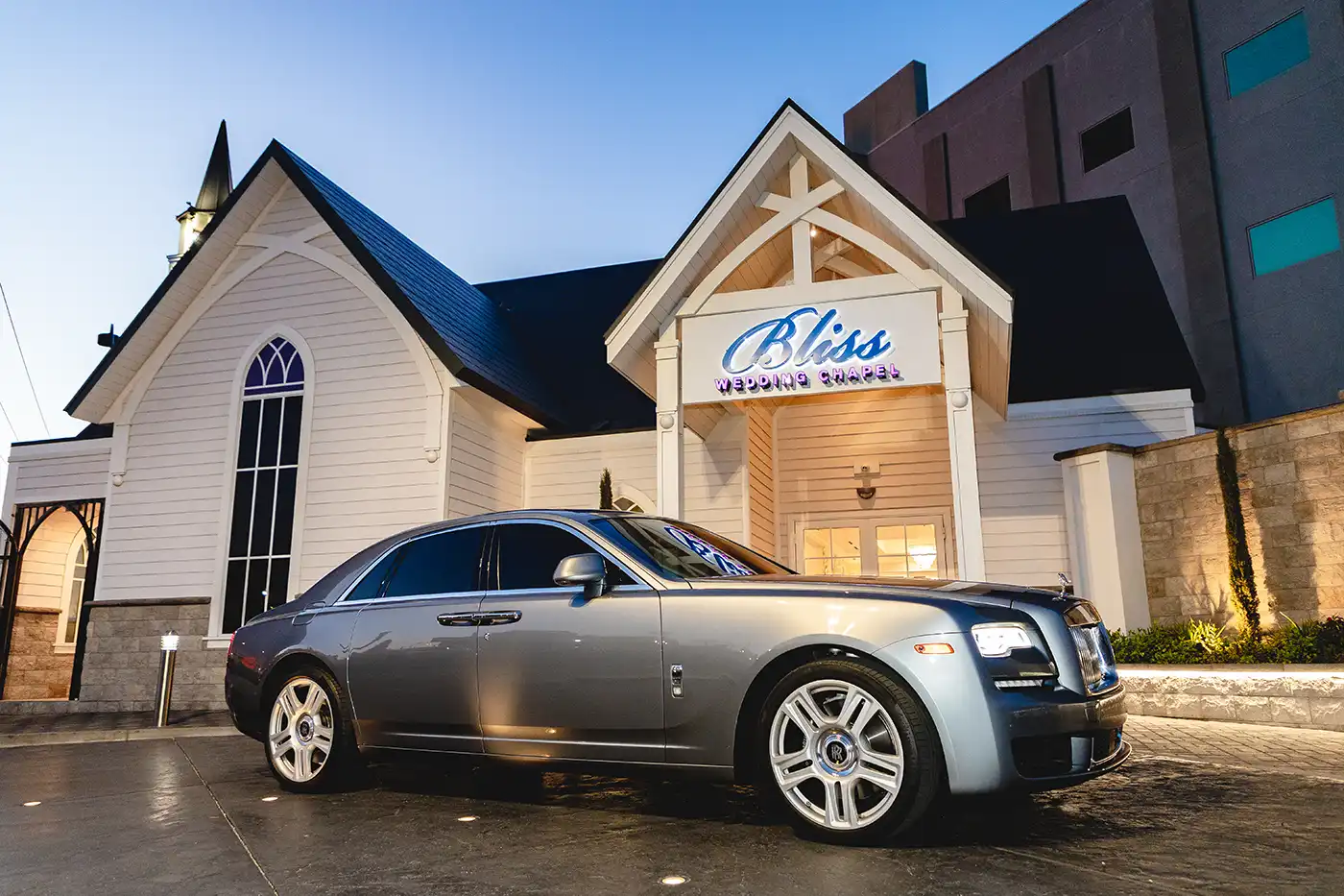 Bliss Wedding Chapel Front with Rolls Royce