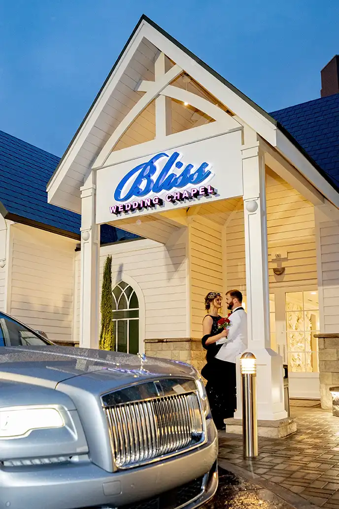 Las Vegas Wedding Couple outside Bliss Wedding Chapel